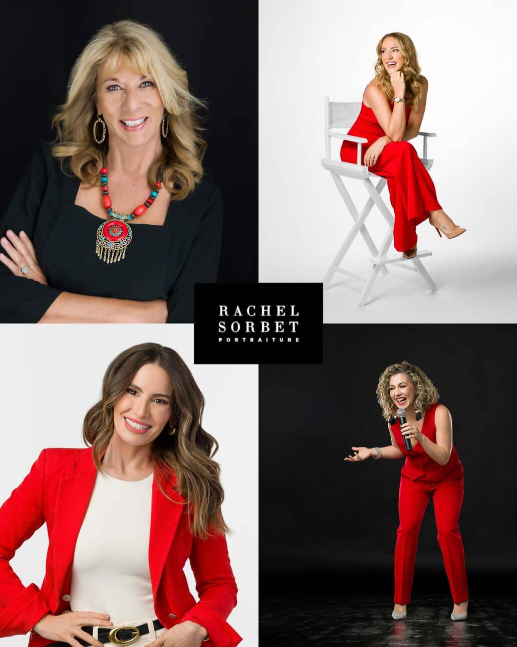 Photos of women displaying Rachel Sorbet's portfolio of headshot and branding work.