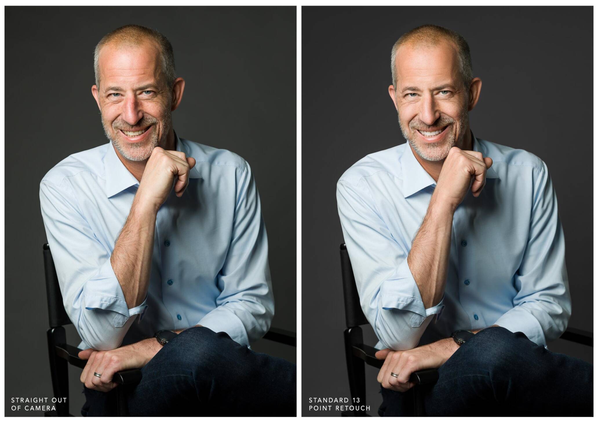 An example of before and after headshot photoshoot retouching on a male client.