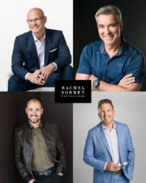 A collage of four men in different poses and backdrops showcasing the headshot portfolio of Rachel Sorbet.