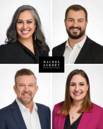 Headshot photography portfolio from award-winning photographer Rachel Sorbet Portraiture showcasing two men and two women smiling at the camera on white backgrounds.