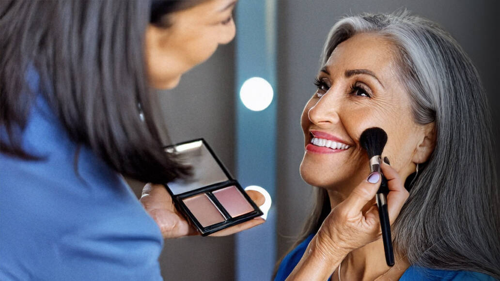 A makeup artist applying makeup to a smiling gray haired woman
