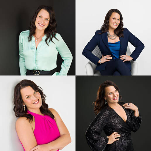 A headshot session showcasing a woman in various poses and outfits to brand her business.