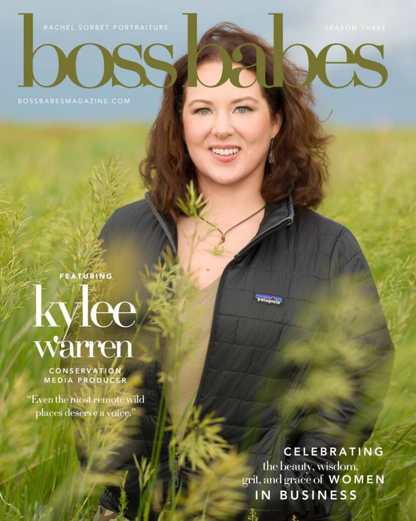 A Boss Babes Magazine cover featuring a photo of Kylee Warren, conservation media producer