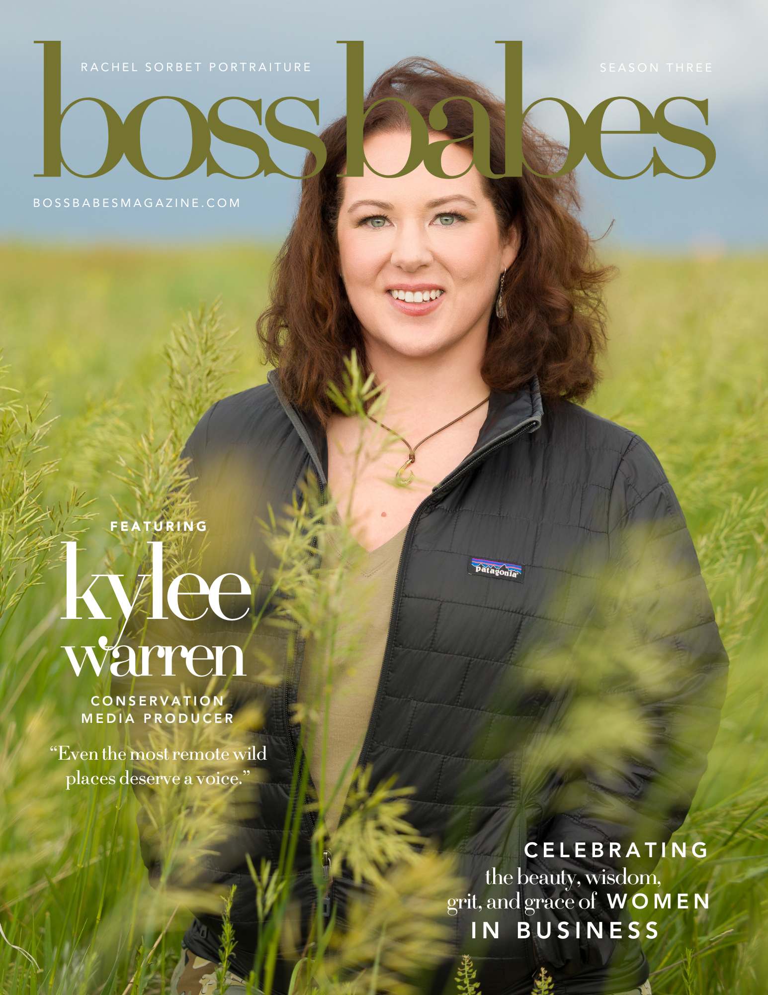 A Boss Babes Magazine cover featuring a photo of Kylee Warren, conservation media producer