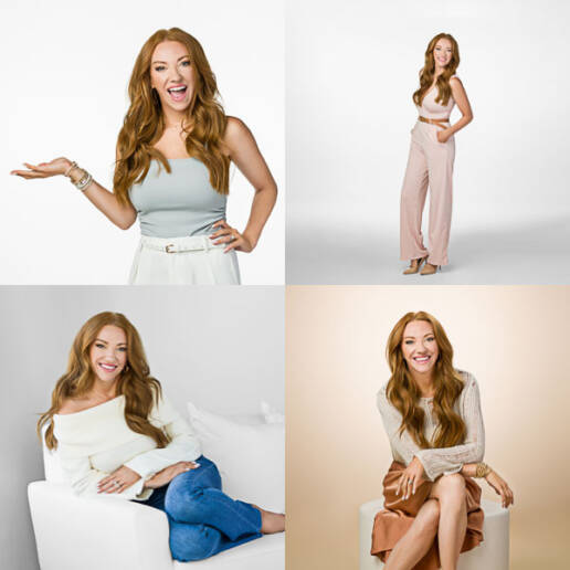 A woman wearing four different outfits in various poses looking approachable and engaging looking at the camera.