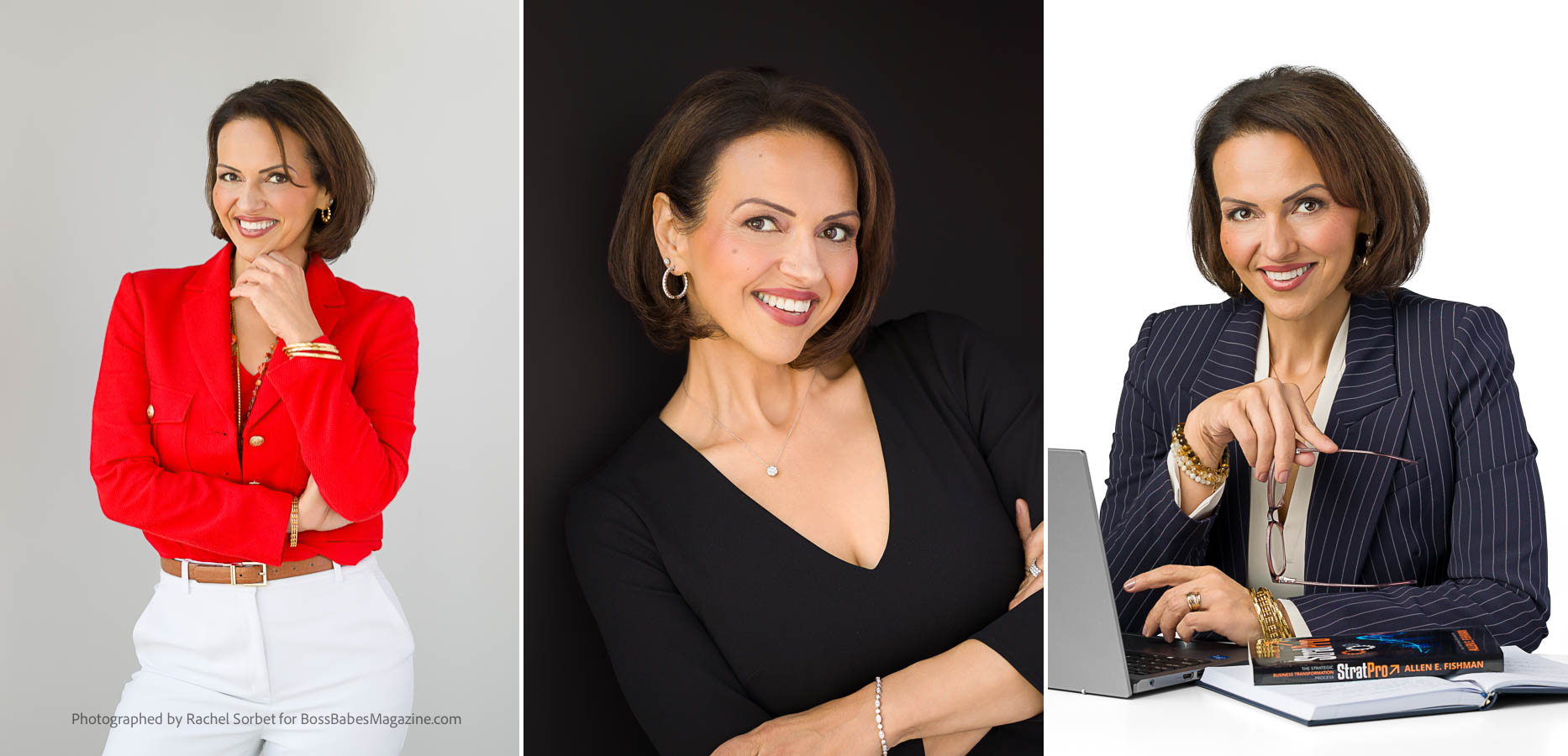 Three photos of business leader Eva Safar for her Boss Babes Magazine photoshoot