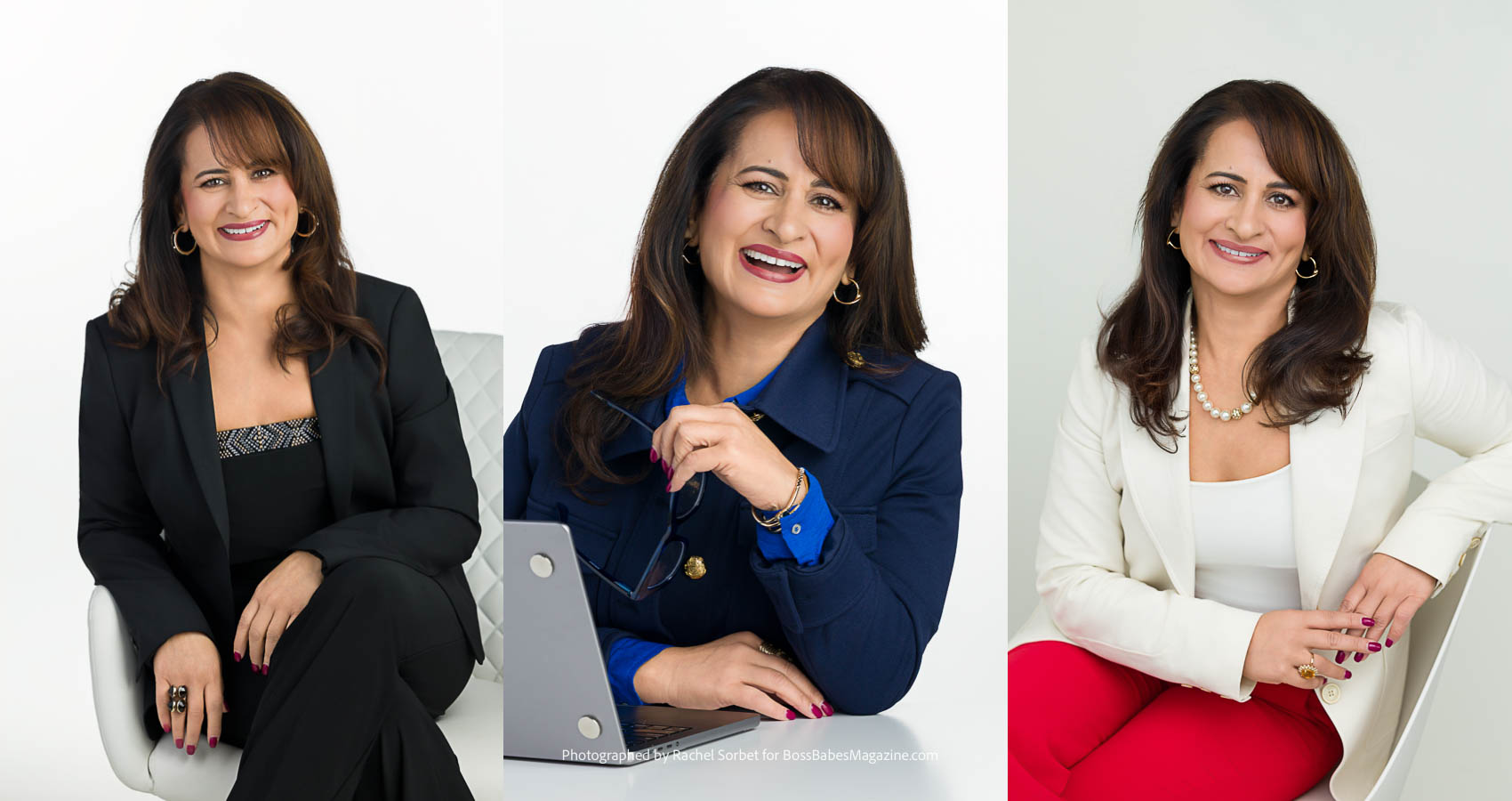 Three photos of Parminder Batra for Boss Babes Magazine