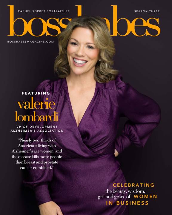 A portrait of Valerie Lombardi wearing a purple dress on the cover of Boss Babes Magazine