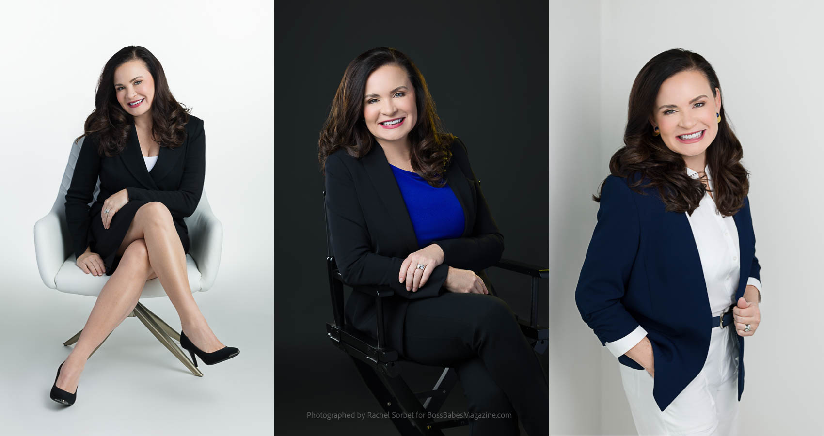 Three beautiful portraits of Angela Bedell photographed for her Boss Babes Magazine interview