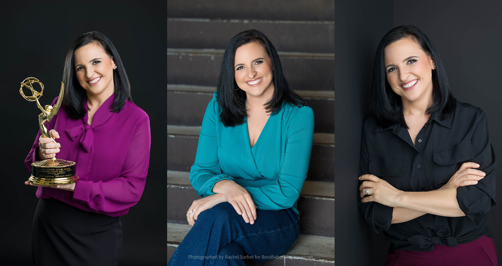 Three portraits of Gabriella Robuccio photographed by Rachel Sorbet for Boss Babes Magazine