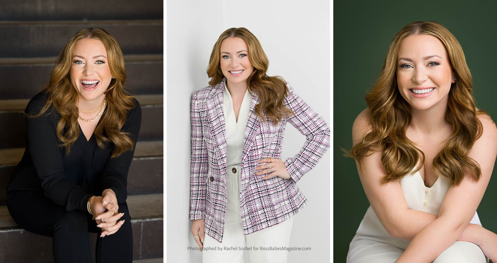 Three portraits of Brook Jennings, sales trainer, photographed by Rachel Sorbet