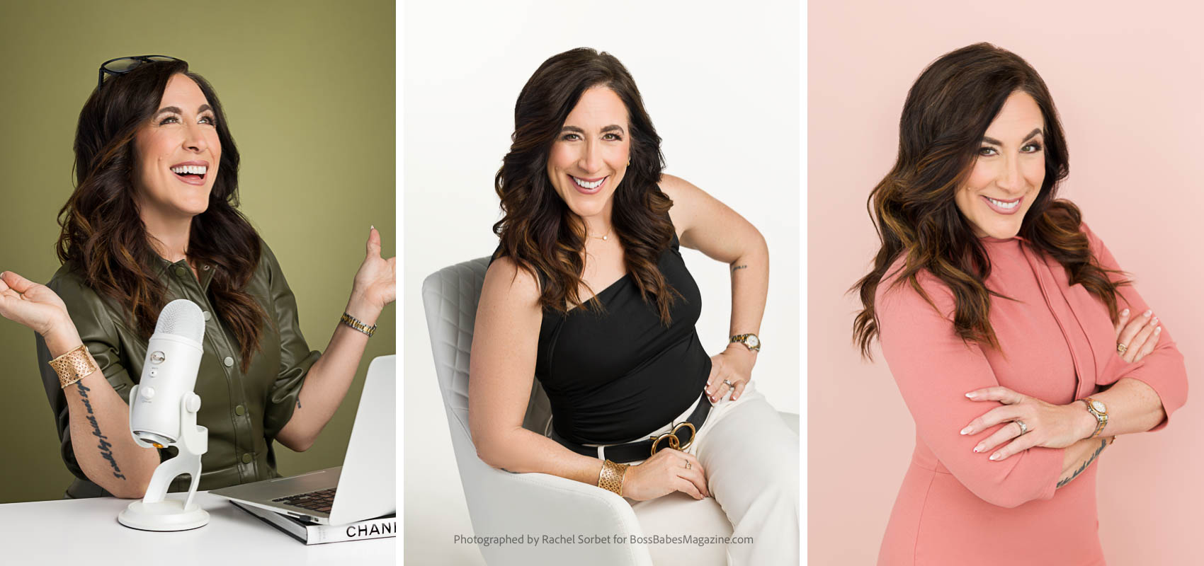 Three portraits of Virtue Beauty CEO Brooke Berndt for the cover of Boss Babes Magazine
