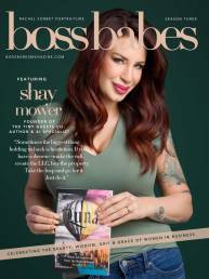 A portrait of author Shay Mower holding her book on the cover of Boss Babes Magazing